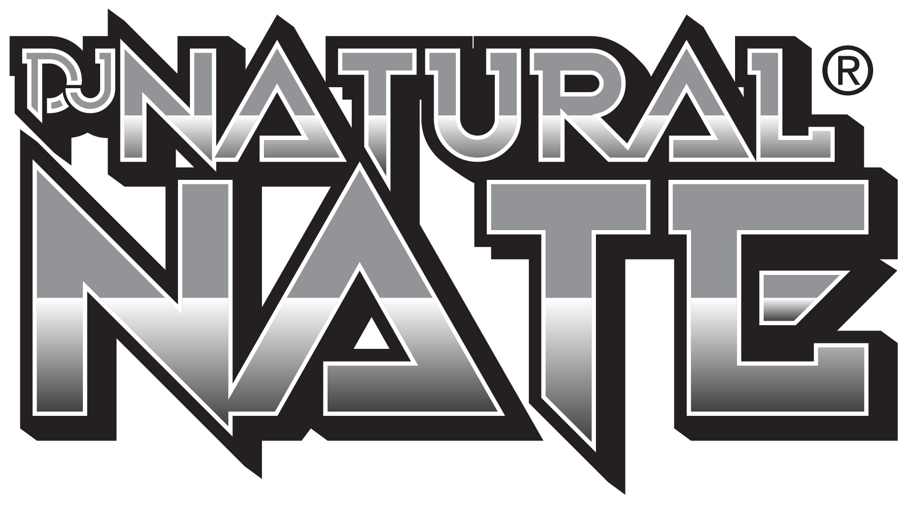 DJ Natural Nate® graffiti-style logo, bold black outlined block letters with silver gradient fill and registered trademark